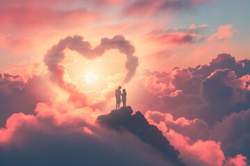 a couple stands triumphantly on a cloud in the shape of a heart, expressing their love and unity, a 