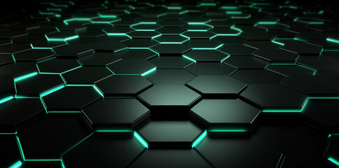 Wall Mural - 3d render of dark black hexagon pattern with glowing green lights on the edges. Generative AI