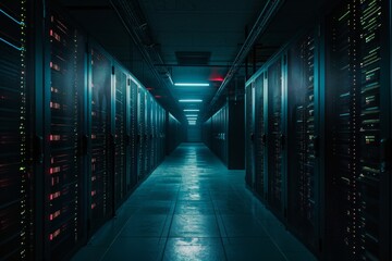Poster - a busy, high-tech data center hallway filled with rows of servers, a dark and moody image representi