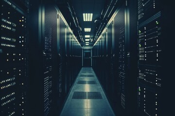 Poster - A long hallway filled with neatly aligned rows of servers in a highly secure and monitored data center, A dark and moody image representing data loss in NAS systems, AI Generated