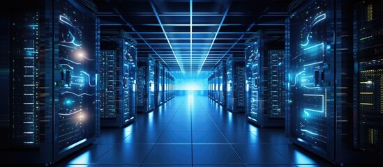 Poster - A lengthy hallway lined with multiple rows of servers in a high-tech facility