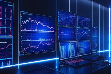 Poster - This photo depicts a room filled with numerous computer screens showing various digital information and data, A detailed infographic describing day trading strategies, AI Generated