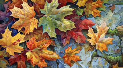 Wall Mural - Vibrant autumn foliage pattern, seasonal nature beauty, colorful leaves background