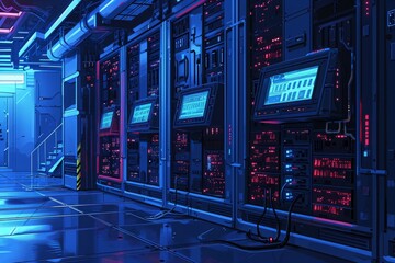 Poster - A Room Filled With Computer Equipment, A digital painting of futuristic NAS storage devices, AI Generated