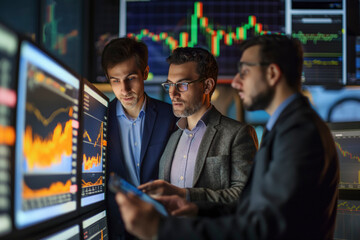 Poster - Dynamic Business Trading: Three men are looking at a computer screen with graphs and numbers, Professional Finance Experts Analyzing Market Data for Profitable Investments in Modern Office Environment