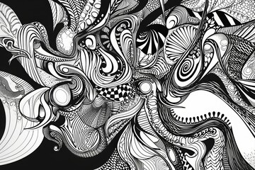 Poster - A black and white drawing featuring various abstract shapes and forms, A doodle-inspired, intricate black and white design, AI Generated