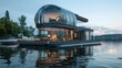 A modern floating home with transparent walls and a glass dome offering serene lake views. 