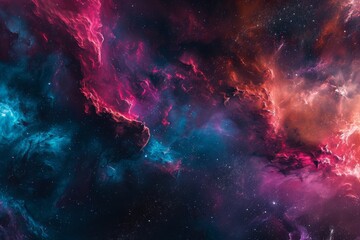Wall Mural - A vibrant space scene showcasing an array of stars and clouds, A dramatic representation of interstellar medium in neon tones, AI Generated