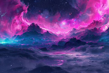 Canvas Print - A vibrant purple and blue sky adorned with an abundance of stars shining brightly, A dramatic representation of interstellar medium in neon tones, AI Generated