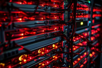 Poster - This close-up photo captures a rack of servers prominently displaying red and black components, A dramatic view of the inside of a NAS system, AI Generated