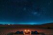 A pair of tents stands in a barren desert, providing shelter for adventurers amidst the harsh surroundings, A dreamy star-gazing setup in the middle of a tranquil desert, AI Generated
