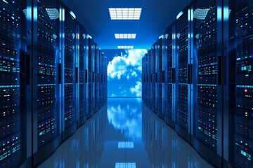 Poster - This photo shows a spacious room filled with numerous servers, providing data storage and processing capabilities, A dynamic view of cloud storage servers, AI Generated