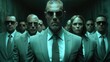 A group of Agents with matching suits and sunglasses face aggressively towards camera.  Human spectrum, group of disappointed people wearing sunglasses. in matrix style 