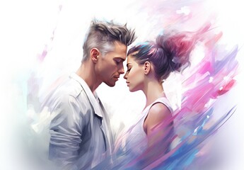 Wall Mural - Handsome man hugging his sensual girlfriend. The spouses gently embrace each other. Couple in love. Romantic dance of a guy and a girl. Illustration for cover, card, interior design, decor or print.