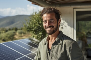 A man with a beard stands in front of solar panels installed on his property. He smiles at the camera.