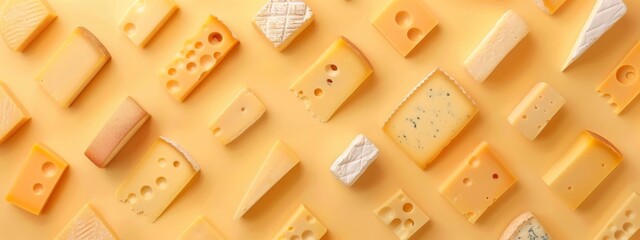 Pattern of assortment cheeses on yellow background.  Different kinds of delicious cheese. Suluguni with spice, camembert, blue cheese, parmesan, maasdam, brie cheese with rosemary and pepper.