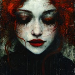 Poster - Ethereal female portrait with vivid red hair and lips, artistic digital creation. An AI-generated dreamy and surreal woman's face. Perfect for modern art themes or fantasy. AI