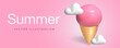 Ice cream, concept banner in realistic 3d, volumetric plastic style. Sweet summer ice cream poster, vector illustration.