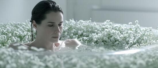 Poster - a woman is sitting in the water in a bathtub with white flowers on the side of the bathtub.