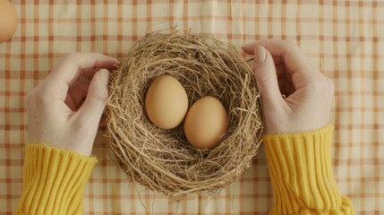 Wall Mural - a pair of hands holding a nest with two eggs in it on a checkered tableclothed tablecloth.