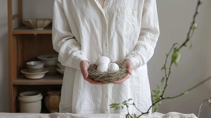 Sticker - a person in a white shirt holding a nest with three white eggs in it and a potted plant in the background.