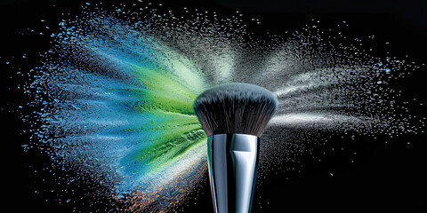 Wall Mural - A makeup brush coated with vibrant colored powder, creating a striking visual effect against a neutral background.