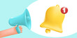 Bell - a message or call, an important call. Loudspeaker in hand, megaphone, conceptual advertising banner, 3D vector illustration.