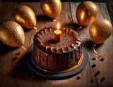 Fototapeta  - Um bolo de chocolate com uma vela acesa, sobre uma mesa decorada para festa, com balões dourados ao redor.