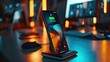 Sleek modern phone charging stand on stylish office desk at night. The scene is a close-up showing the intricate design and details of the phone against soft ambient lighting.
