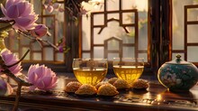 A Set Of Green Tea With Small Round Lotus Seed Pastries Placed On The Dining Table In Front Of An Antique Window, Filled With Golden Honey And Purple Dragon Fruit Sauce.