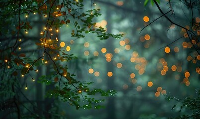 Poster - Ethereal bokeh lights diffusing through mist in a mystical woodland, nature background