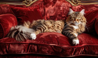 Wall Mural - Majestic Maine Coon cat lounging on a plush velvet cushion