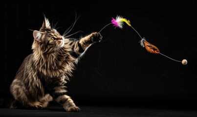 Wall Mural - Maine Coon cat playfully batting at a feather toy in a studio setup