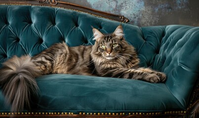 Wall Mural - Maine Coon cat posing elegantly on a velvet chaise lounge
