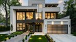Modern two story architectural style home, white and black exterior with large windows, glass paneled garage door, concrete driveway, yard lanterns, evening lighting.