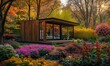 Twilight casting a warm glow on the exterior of a modern wooden cabin amidst the vibrant colors of a spring garden bursting with flowers and foliage