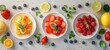 Healthy food organic background Colorful display of organic ingredients including basil, tomatoes, and citrus, perfect for healthy food commercial use