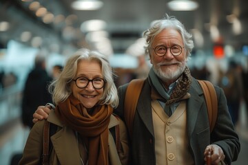 Wall Mural - busy airport terminal, a aged couple in a stylish suits with luggages stands out from the throngs of travelers. retirement activity
