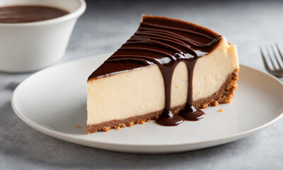 Wall Mural - A piece of cheesecake topped with decadent chocolate sauce served on a pristine white plate.