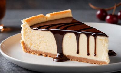 Wall Mural - A piece of cheesecake topped with decadent chocolate sauce served on a pristine white plate.