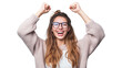 © F U T U R O  - Beautiful young woman wearing glasses celebrating victory. transparent isolated background