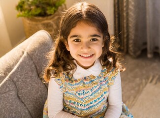 Wall Mural - Well behaved little girl smiling and looking to her parent at home.