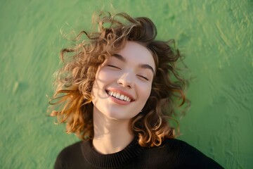 Wall Mural - Beautiful Young Happy European Woman On Green Background. Concept Portrait Photography, Happy Moments, Green Background, Smiling Faces