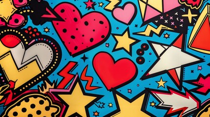 Poster - A bold graphic pattern of repeating pop art motifs like hearts stars and lightning bolts AI generated illustration