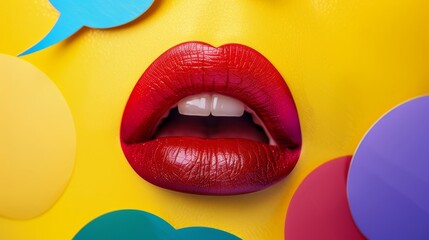 Aufkleber - A close-up of a pair of lips with exaggerated red lipstick and colorful speech bubbles AI generated illustration