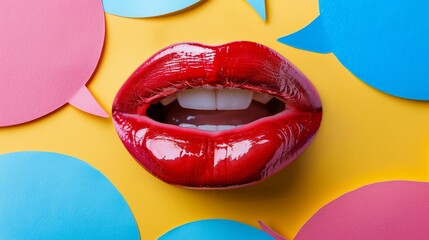 Aufkleber - A close-up of a pair of lips with exaggerated red lipstick and colorful speech bubbles AI generated illustration
