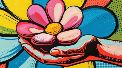 Poster - A close-up of a persons hand holding a brightly colored pop art-style flower AI generated illustration