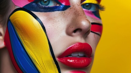 Aufkleber - A close-up of a womans face with exaggerated features and vibrant makeup reminiscent of Roy Lichtensteins style  AI generated illustration