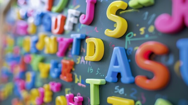A close-up of pastel-colored magnetic letters on a whiteboard AI generated illustration