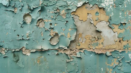Poster - A fragment of a bullet-ridden wall with peeling paint AI generated illustration